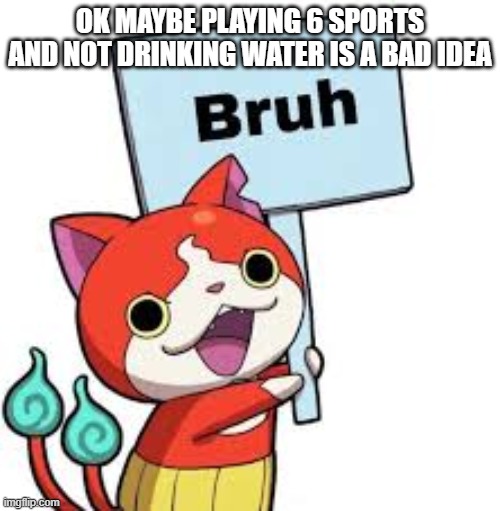 drinking water gives me cramps | OK MAYBE PLAYING 6 SPORTS AND NOT DRINKING WATER IS A BAD IDEA | image tagged in bruhnyan | made w/ Imgflip meme maker