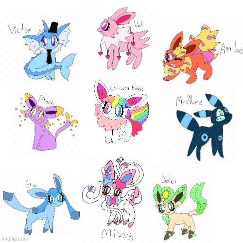 all my ocs!!!! (no its so pixilated TnT) | image tagged in ocs,eeveelution | made w/ Imgflip meme maker
