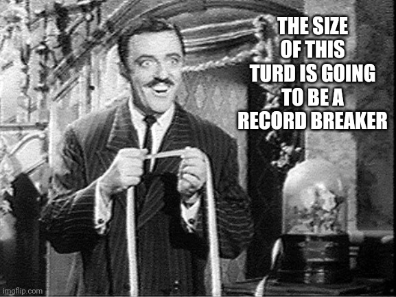 Measuring Gomez Addams | THE SIZE OF THIS TURD IS GOING TO BE A RECORD BREAKER | image tagged in measuring gomez addams | made w/ Imgflip meme maker