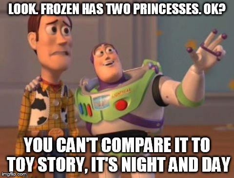 Worried Woody | LOOK. FROZEN HAS TWO PRINCESSES. OK? YOU CAN'T COMPARE IT TO TOY STORY, IT'S NIGHT AND DAY | image tagged in memes,x x everywhere | made w/ Imgflip meme maker