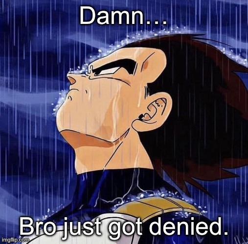 Vegeta in the rain | Damn… Bro just got denied. | image tagged in vegeta in the rain | made w/ Imgflip meme maker
