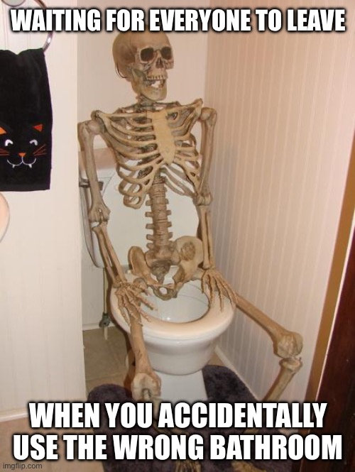 Wait for everyone to leave | WAITING FOR EVERYONE TO LEAVE; WHEN YOU ACCIDENTALLY USE THE WRONG BATHROOM | image tagged in skeleton on toilet,toilet,waiting skeleton,waiting,skeleton,bathroom | made w/ Imgflip meme maker