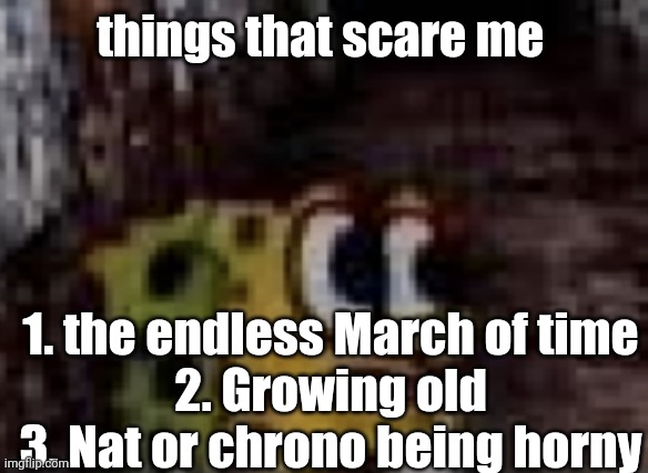 spunch bop trauma | things that scare me; 1. the endless March of time
2. Growing old
3. Nat or chrono being horny | image tagged in spunch bop trauma | made w/ Imgflip meme maker