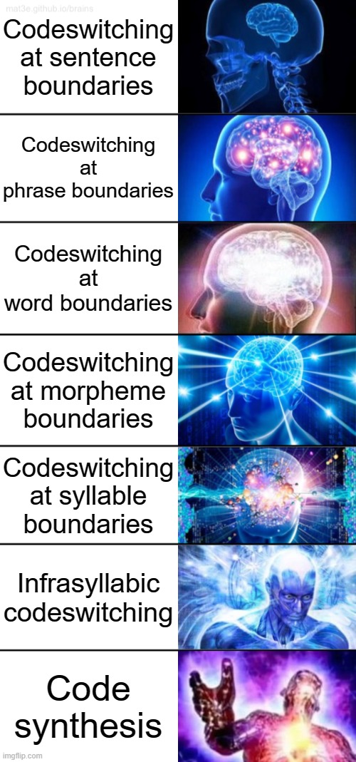 7-Tier Expanding Brain | Codeswitching at sentence boundaries; Codeswitching at phrase boundaries; Codeswitching at word boundaries; Codeswitching at morpheme boundaries; Codeswitching at syllable boundaries; Infrasyllabic codeswitching; Code synthesis | image tagged in 7-tier expanding brain | made w/ Imgflip meme maker