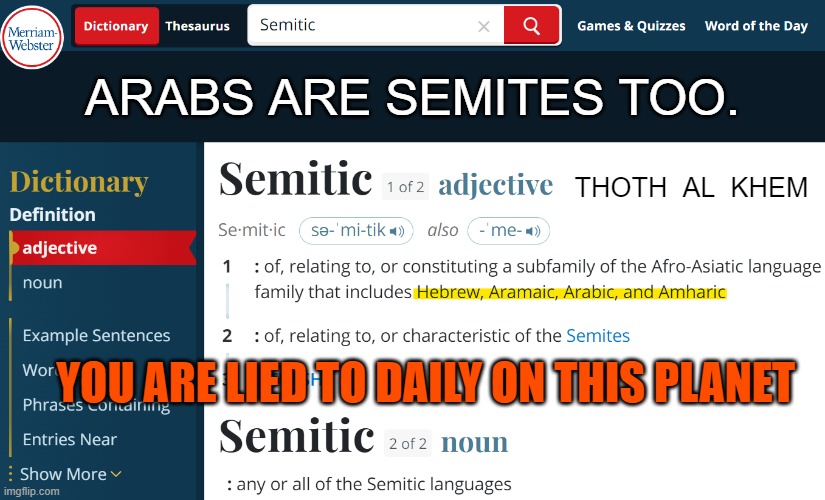 WHAT A SURPRISE-Not really as YOU have been lied to since JFK | ARABS ARE SEMITES TOO. THOTH  AL  KHEM; YOU ARE LIED TO DAILY ON THIS PLANET | image tagged in arabs are semites,semitic is a language group,this is a planet of lies,define semitic | made w/ Imgflip meme maker