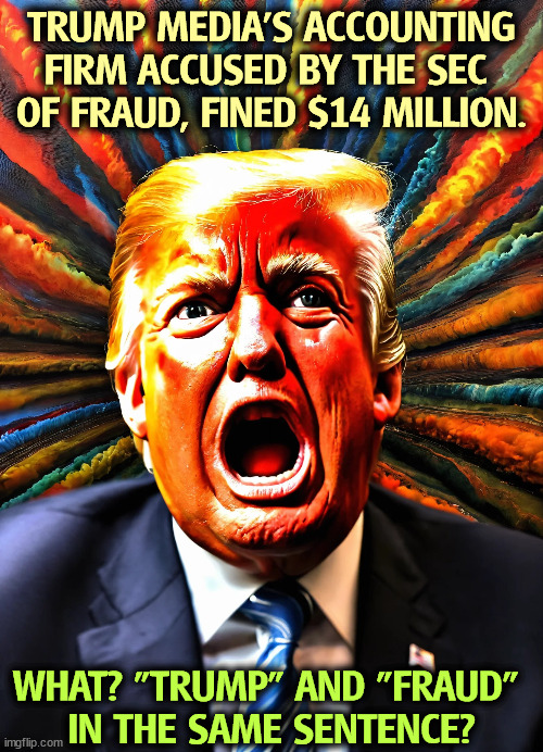 Do tell. | TRUMP MEDIA’S ACCOUNTING FIRM ACCUSED BY THE SEC 
OF FRAUD, FINED $14 MILLION. WHAT? "TRUMP" AND "FRAUD" 
IN THE SAME SENTENCE? | image tagged in trump,accountant,fraud,penalty | made w/ Imgflip meme maker