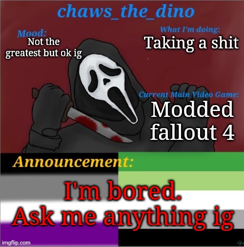 Also, I changed my mind about coming out to my parents. Not doing that | Taking a shit; Not the greatest but ok ig; Modded fallout 4; I'm bored. Ask me anything ig | image tagged in chaws_the_dino announcement temp | made w/ Imgflip meme maker