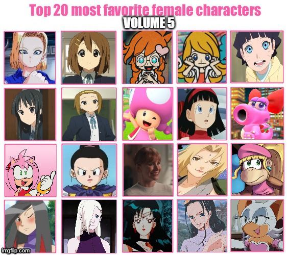 top 20 favorite female characters volume 5 | image tagged in top 20 favorite female characters volume 5,favorites,videogames,anime,nintendo,empowerment | made w/ Imgflip meme maker