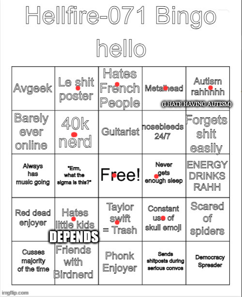 (I HATE HAVING AUTISM); DEPENDS | image tagged in hellfire-071 bingo | made w/ Imgflip meme maker