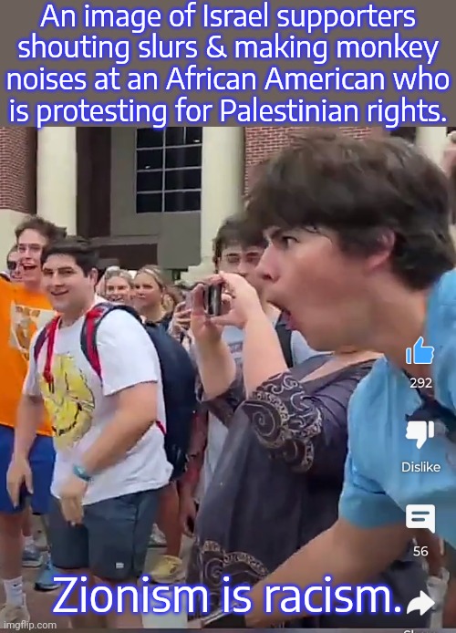 Showing everybody what they're really about. | An image of Israel supporters shouting slurs & making monkey noises at an African American who is protesting for Palestinian rights. Zionism is racism. | image tagged in hate speech,bigots,sad but true,exposed,disgusting | made w/ Imgflip meme maker