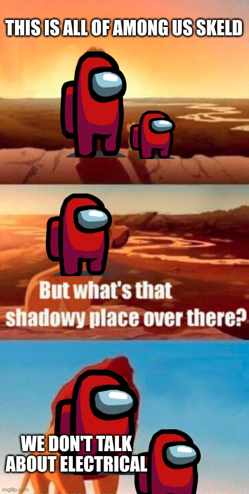 Simba Shadowy Place | THIS IS ALL OF AMONG US SKELD; WE DON'T TALK ABOUT ELECTRICAL | image tagged in memes,simba shadowy place | made w/ Imgflip meme maker