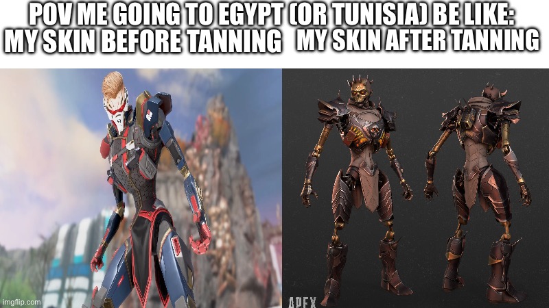 Revenant former glory and Apex nightmare comparison. Meme | MY SKIN AFTER TANNING; POV ME GOING TO EGYPT (OR TUNISIA) BE LIKE:; MY SKIN BEFORE TANNING | image tagged in dark humor | made w/ Imgflip meme maker