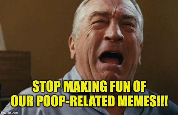 deniro crying | STOP MAKING FUN OF OUR POOP-RELATED MEMES!!! | image tagged in deniro crying | made w/ Imgflip meme maker