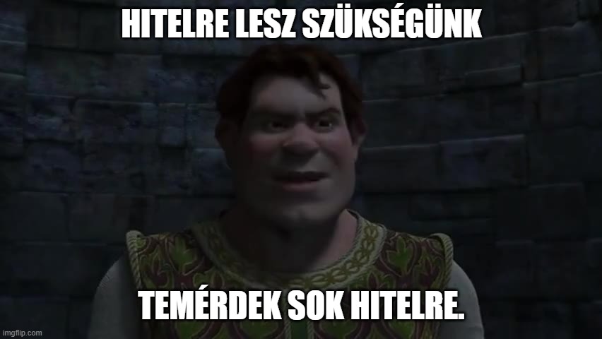 Shrek flour | HITELRE LESZ SZÜKSÉGÜNK; TEMÉRDEK SOK HITELRE. | image tagged in shrek flour | made w/ Imgflip meme maker