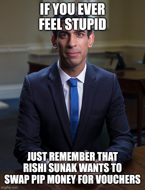 Seriously | IF YOU EVER FEEL STUPID; JUST REMEMBER THAT RISHI SUNAK WANTS TO SWAP PIP MONEY FOR VOUCHERS | image tagged in chancellor rishi sunak,memes | made w/ Imgflip meme maker
