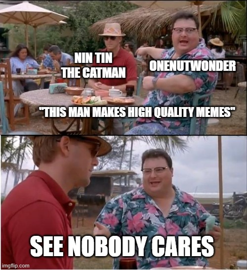 lets go give my boy some upvotes | NIN TIN THE CATMAN; ONENUTWONDER; "THIS MAN MAKES HIGH QUALITY MEMES"; SEE NOBODY CARES | image tagged in memes,see nobody cares | made w/ Imgflip meme maker