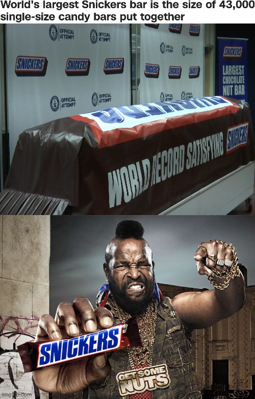 LARGEST SNICKERS BAR | image tagged in snickers mr t | made w/ Imgflip meme maker