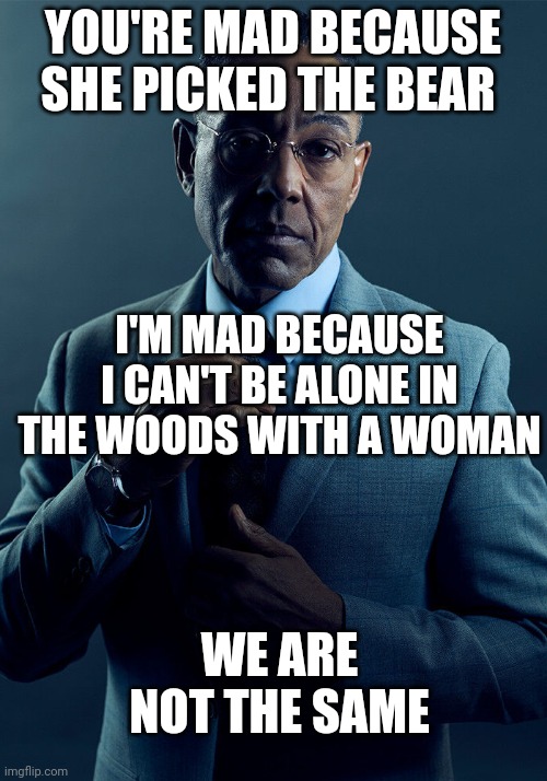 Gus Fring we are not the same | YOU'RE MAD BECAUSE SHE PICKED THE BEAR; I'M MAD BECAUSE I CAN'T BE ALONE IN THE WOODS WITH A WOMAN; WE ARE NOT THE SAME | image tagged in gus fring we are not the same | made w/ Imgflip meme maker