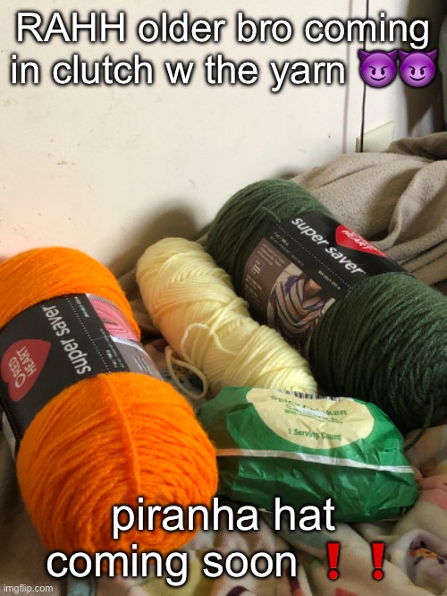 ignore the sammich | RAHH older bro coming in clutch w the yarn 😈😈; piranha hat coming soon ❗️❗️ | made w/ Imgflip meme maker