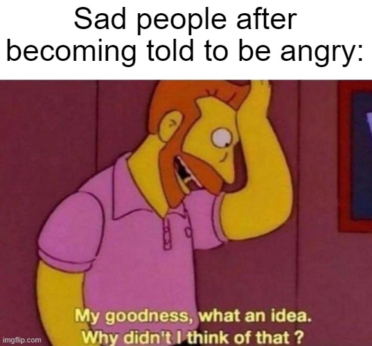 I told you to be a sad or angry person | Sad people after becoming told to be angry: | image tagged in my goodness what an idea why didn't i think of that,memes,funny | made w/ Imgflip meme maker