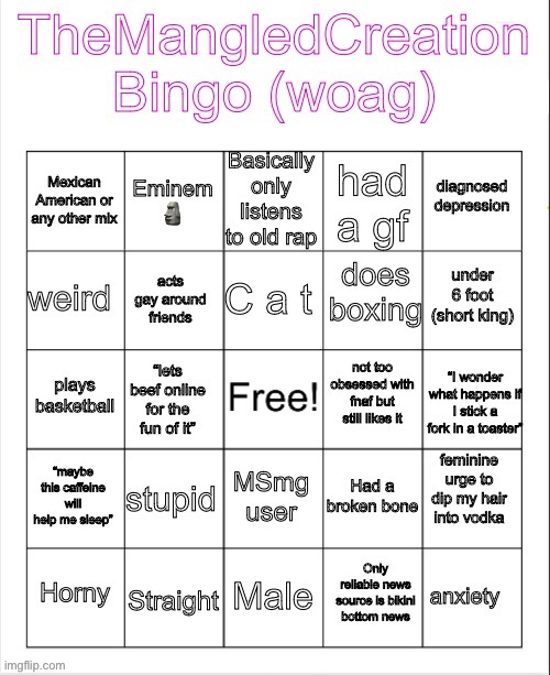 woag | image tagged in themangledcreation bingo | made w/ Imgflip meme maker