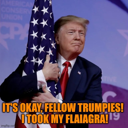 A meme by XiaoJia inspired this | IT'S OKAY, FELLOW TRUMPIES! 
 I TOOK MY FLAIAGRA! | image tagged in trump flag hugger | made w/ Imgflip meme maker
