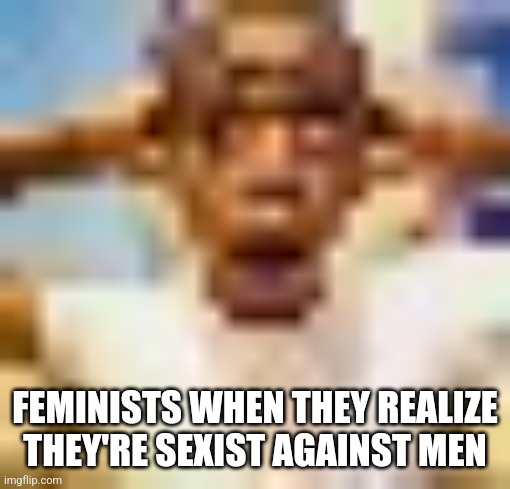 low quality | FEMINISTS WHEN THEY REALIZE THEY'RE SEXIST AGAINST MEN | image tagged in low quality | made w/ Imgflip meme maker