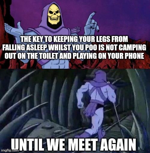 he man skeleton advices | THE KEY TO KEEPING YOUR LEGS FROM FALLING ASLEEP WHILST YOU POO IS NOT CAMPING OUT ON THE TOILET AND PLAYING ON YOUR PHONE; UNTIL WE MEET AGAIN | image tagged in he man skeleton advices | made w/ Imgflip meme maker