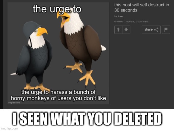 I seen what you deleted | I SEEN WHAT YOU DELETED | image tagged in blank white template | made w/ Imgflip meme maker