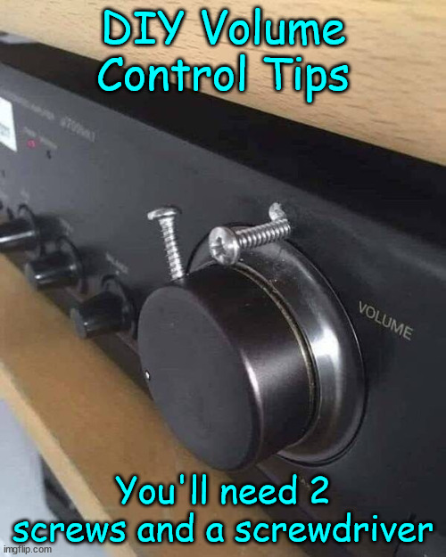 DIY Volume Control Tips | DIY Volume Control Tips; You'll need 2 screws and a screwdriver | image tagged in eye roll,diy,volume,control,tips | made w/ Imgflip meme maker