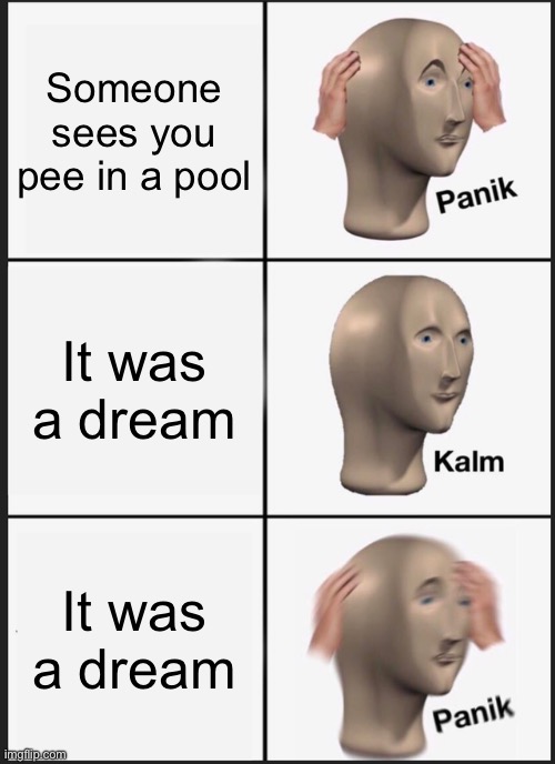 (Looks down) | Someone sees you pee in a pool; It was a dream; It was a dream | image tagged in memes,panik kalm panik | made w/ Imgflip meme maker