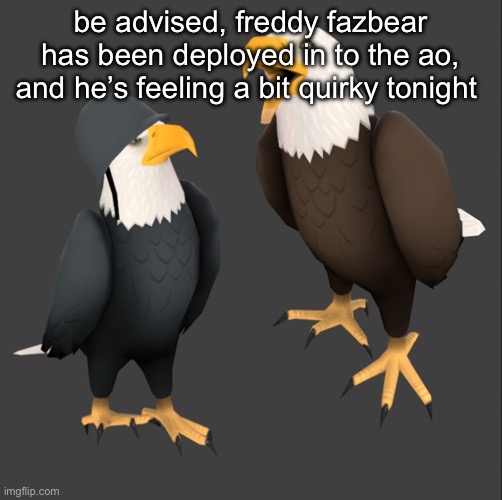 tf2 eagles | be advised, freddy fazbear has been deployed in to the ao, and he’s feeling a bit quirky tonight | image tagged in tf2 eagles | made w/ Imgflip meme maker