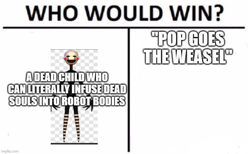 Who Would Win? | "POP GOES THE WEASEL"; A DEAD CHILD WHO CAN LITERALLY INFUSE DEAD SOULS INTO ROBOT BODIES | image tagged in memes,who would win | made w/ Imgflip meme maker