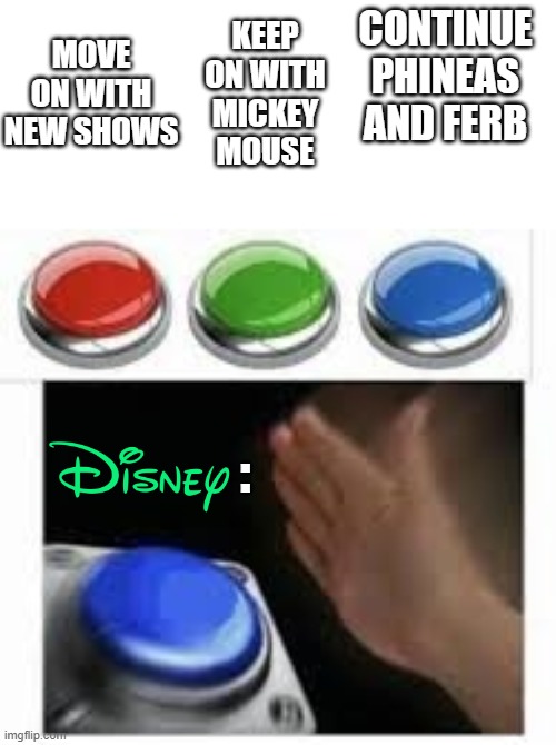 Disney Has Ordered 40 New Phineas And Ferb Episodes. | MOVE ON WITH NEW SHOWS; KEEP ON WITH MICKEY MOUSE; CONTINUE PHINEAS AND FERB; : | image tagged in blank nut button with 3 buttons above | made w/ Imgflip meme maker
