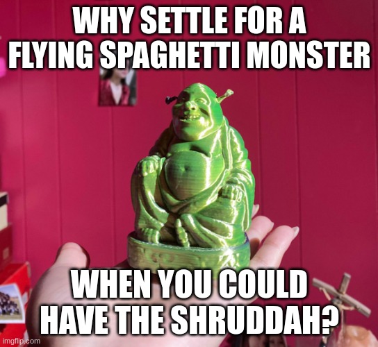 The Shruddah | WHY SETTLE FOR A FLYING SPAGHETTI MONSTER; WHEN YOU COULD HAVE THE SHRUDDAH? | image tagged in flying spaghetti monster | made w/ Imgflip meme maker