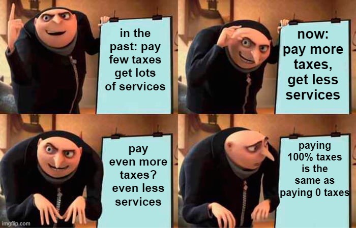 Gru's Plan | in the past: pay few taxes get lots of services; now: pay more taxes, get less services; paying 100% taxes is the same as paying 0 taxes; pay even more taxes? even less services | image tagged in memes,gru's plan | made w/ Imgflip meme maker