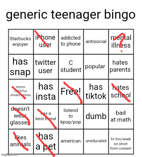 Found this in a weirdo_city meme and thought I would do it. | image tagged in generic teenager bingo,middle school | made w/ Imgflip meme maker