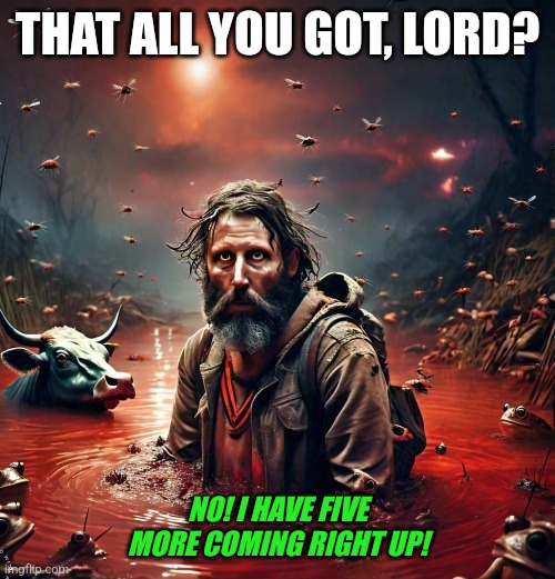 God and his plagues | THAT ALL YOU GOT, LORD? NO! I HAVE FIVE MORE COMING RIGHT UP! | image tagged in god,jesus | made w/ Imgflip meme maker