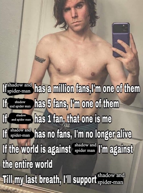 If X has a million fans | shadow and spider-man; shadow and spider man; shadow and spider man; shadow and spider-man; shadow and spider man; shadow and spider-man | image tagged in if x has a million fans | made w/ Imgflip meme maker