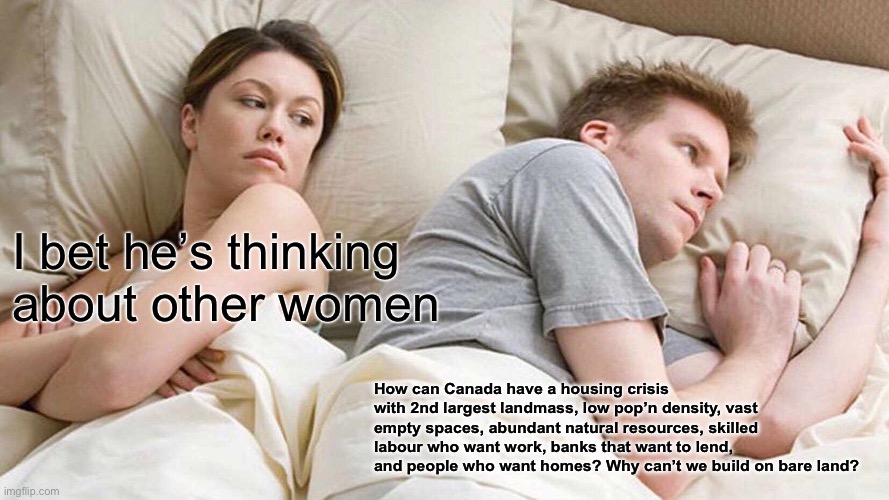 I Bet He's Thinking About Other Women Meme | I bet he’s thinking about other women; How can Canada have a housing crisis with 2nd largest landmass, low pop’n density, vast empty spaces, abundant natural resources, skilled labour who want work, banks that want to lend, and people who want homes? Why can’t we build on bare land? | image tagged in memes,i bet he's thinking about other women | made w/ Imgflip meme maker