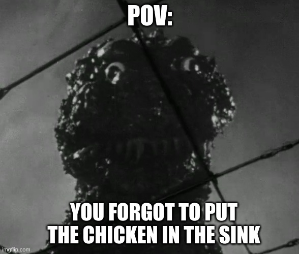 pov: you forgot | POV:; YOU FORGOT TO PUT THE CHICKEN IN THE SINK | image tagged in godzilla,dumb,bad meme,new meme | made w/ Imgflip meme maker