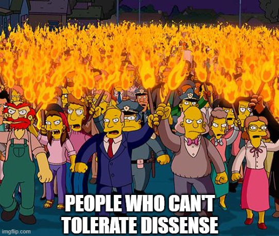 angry mob | PEOPLE WHO CAN'T
TOLERATE DISSENSE | image tagged in angry mob | made w/ Imgflip meme maker