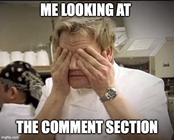 oh noes | ME LOOKING AT; THE COMMENT SECTION | image tagged in gordon ramsey | made w/ Imgflip meme maker