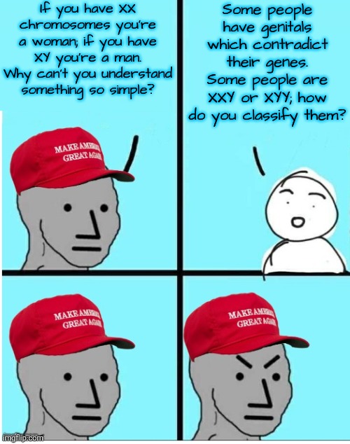 There's nothing simple about it. | If you have XX chromosomes you're a woman; if you have XY you're a man. Why can't you understand something so simple? Some people have genitals which contradict their genes. Some people are XXY or XYY; how do you classify them? | image tagged in maga npc room for more text,identity,genetics,diversity | made w/ Imgflip meme maker