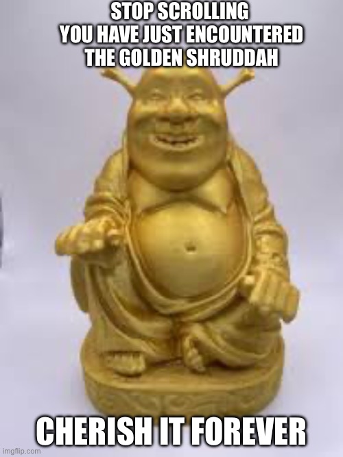 STOP SCROLLING 
YOU HAVE JUST ENCOUNTERED THE GOLDEN SHRUDDAH; CHERISH IT FOREVER | image tagged in shrek,buddha | made w/ Imgflip meme maker