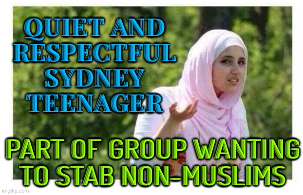 Court Told ‘Quiet And Respectful’ Sydney Teenager Part Of Group Wanting To Stab Non-Muslims | QUIET AND
RESPECTFUL
SYDNEY TEENAGER; PART OF GROUP WANTING
TO STAB NON-MUSLIMS | image tagged in confused muslim girl,islamophobia,radical islam,anti-religion,religion,meanwhile in australia | made w/ Imgflip meme maker