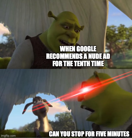 I really hate disgusting ads | WHEN GOOGLE RECOMMENDS A NUDE AD FOR THE TENTH TIME; CAN YOU STOP FOR FIVE MINUTES | image tagged in shrek for five minutes | made w/ Imgflip meme maker