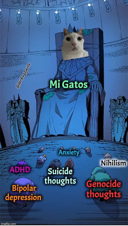Heil Cats | @darking2jarlie; Mi Gatos; Anxiety; Nihilism; ADHD; Suicide thoughts; Bipolar depression; Genocide thoughts | image tagged in worship the lord,cats,depression,anxiety,suicide,genocide | made w/ Imgflip meme maker