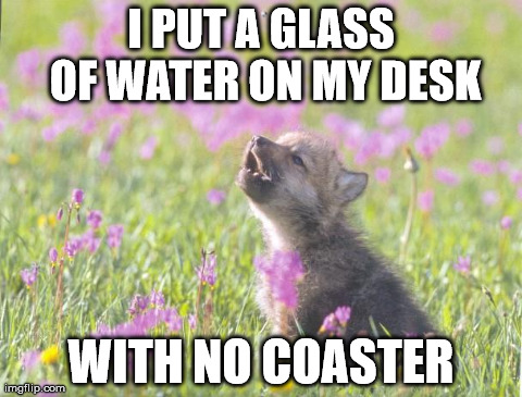 Baby Insanity Wolf Meme | I PUT A GLASS OF WATER ON MY DESK WITH NO COASTER | image tagged in memes,baby insanity wolf | made w/ Imgflip meme maker