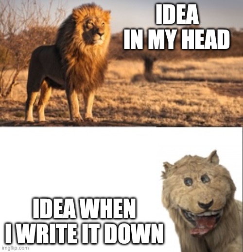 Expectation vs reality | IDEA IN MY HEAD; IDEA WHEN I WRITE IT DOWN | image tagged in idea,expectation vs reality,failure,taxidermy | made w/ Imgflip meme maker
